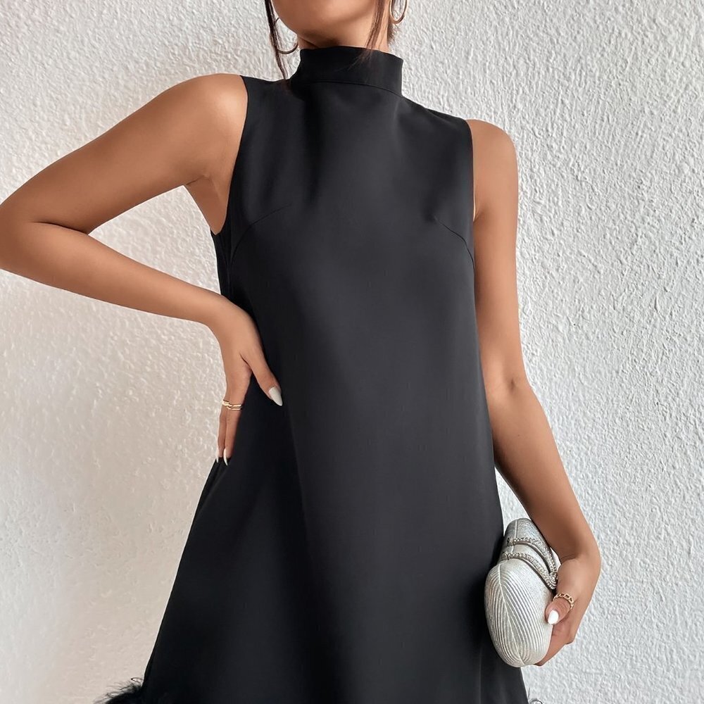 Black Preppy Womens Stand Neck Fuzzy Trim Dress - Picture 3 of 5